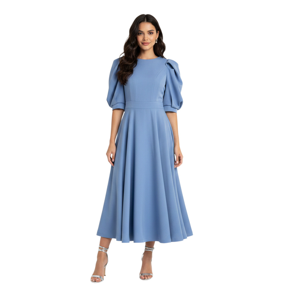 Elagia Julie Blue Puff Sleeve Open Back Pearl Button Midi Dress Size S Cottage